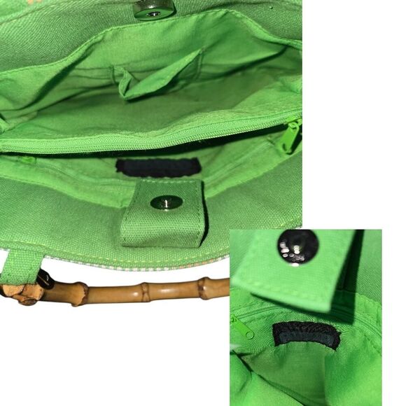 Flamingo Handbag with Bamboo Top Handle Green Pink White Women's - Picture 2 of 7